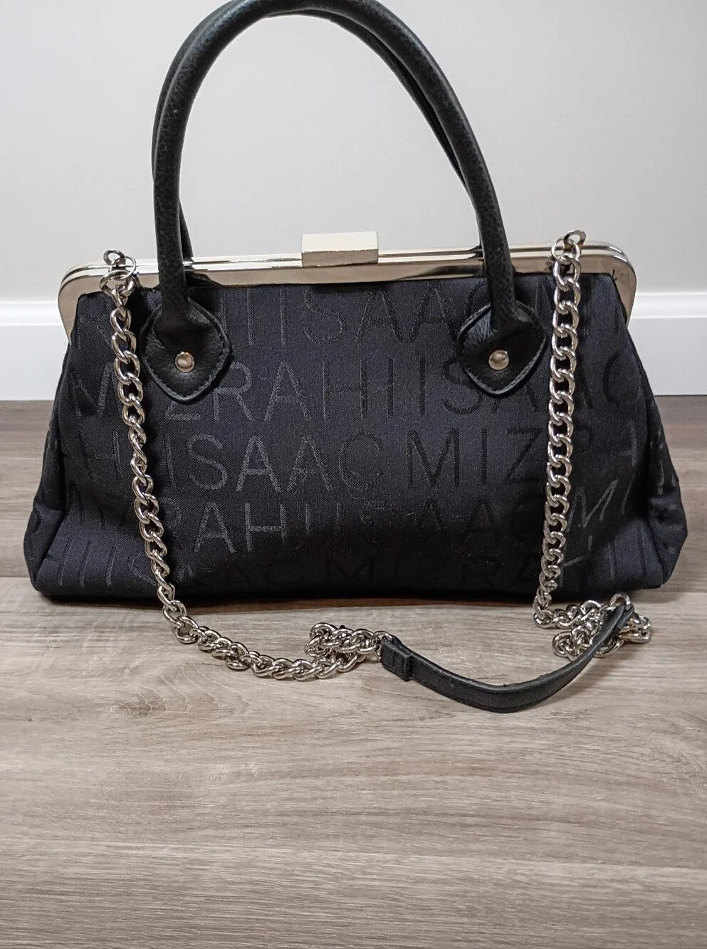 Isaac Mizrahi Vintage Y2K Classic Black Signature Canvas Silver Kisslock Handbag